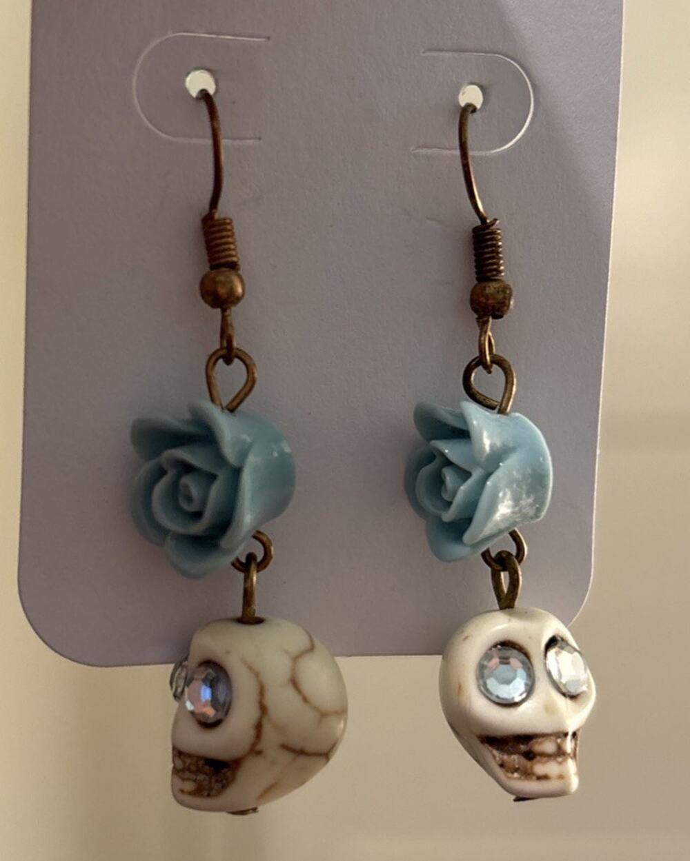 New Handmade Halloween Dangle Earrings Day of the Dead Skull & Blue Rose